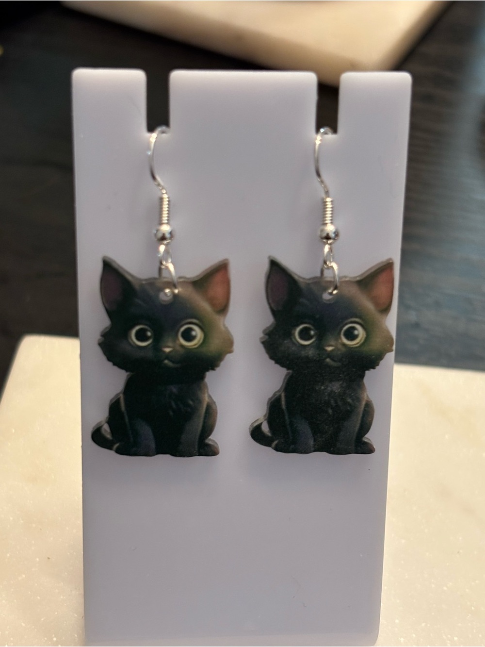 Title: Black Cat Acrylic Dangle Earrings | Big-Eyed Bobble Kitty | Pink Ears | S